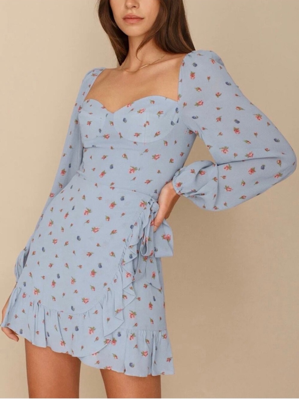 Reformation Light Blue Floral Sweetheart Wrap Mini Dress